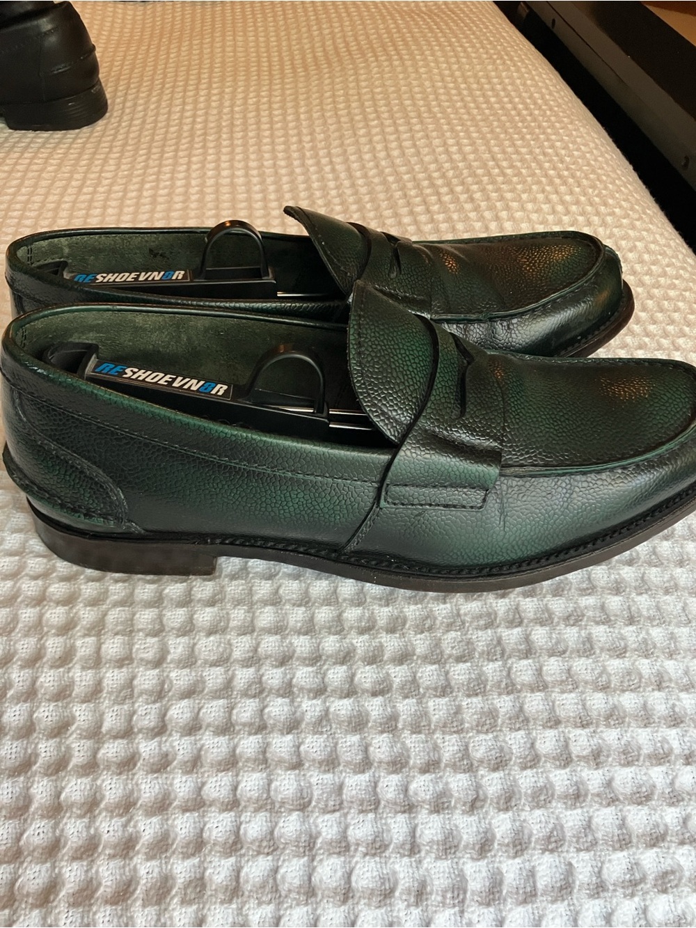Prada Green Pebbled Leather Penny Loafers